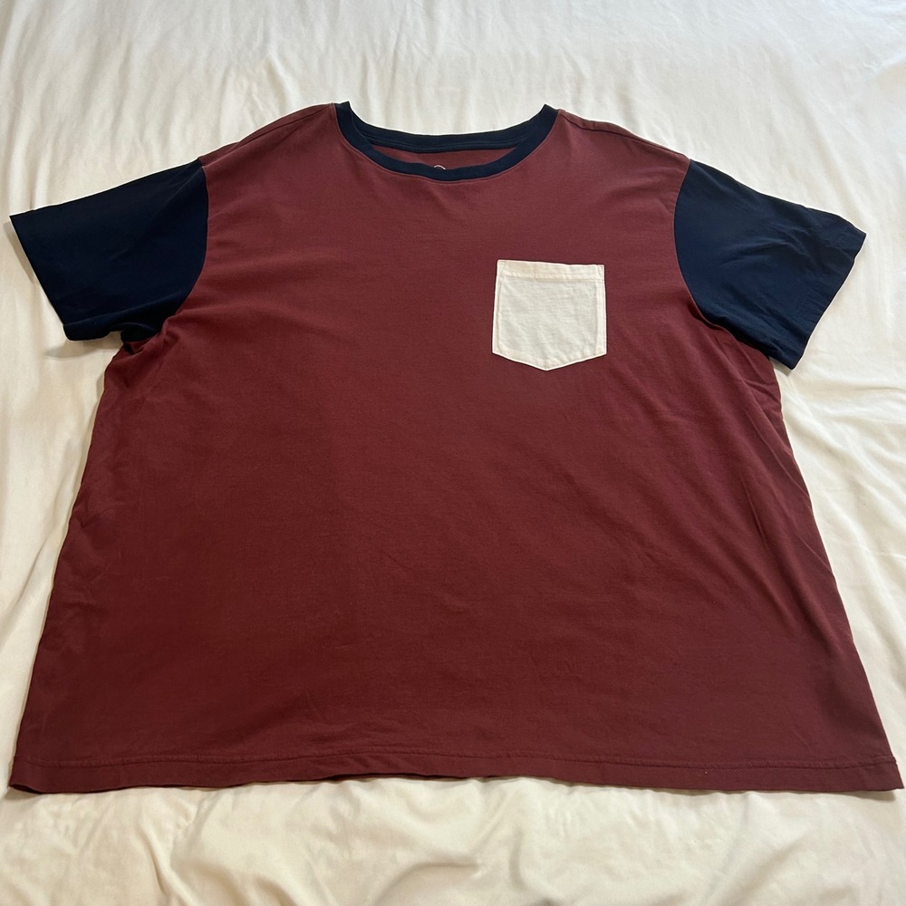 Original Use Mens XXL Colorblock Pocket T-Shirt Burgundy Navy White Crew Neck